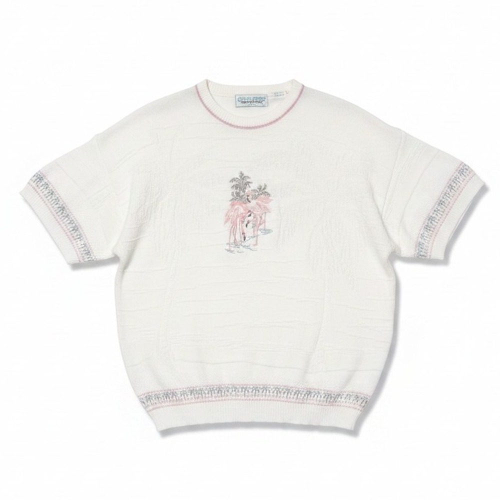 Chelsea Gardens Vintage Flamingo Knit Sweater, Women's XL White Short Sleeve USA